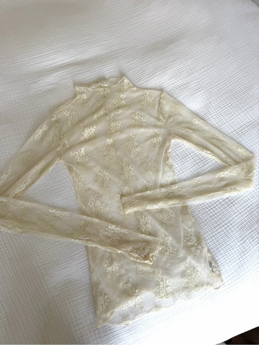 Free People Sheer Lace Mock Neck Top - Ivory